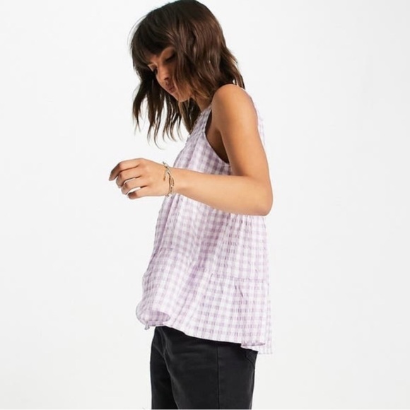 NWT ASOS Tiered Sleeveless Gingham Blouse in Purple & White - Picture 3 of 8